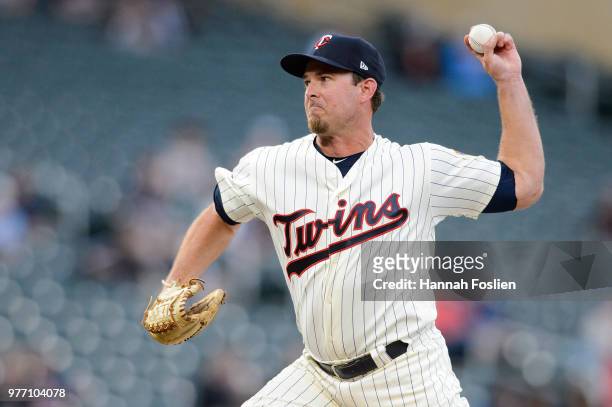 Zach Duke of the Minnesota Twins delivers a pitch against the Los Angeles Angels of Anaheim during the game on June 9, 2018 at Target Field in...