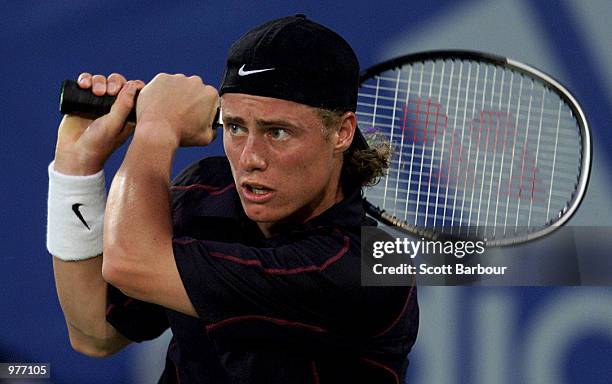 Lleyton Hewitt of Australia during his quarterfinal match vs Fabrice Santoro of France at the Adidas International Tennis Tournament, Sydney...