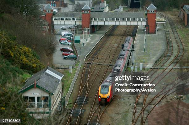 Virgin Voyager departs from Bangor station with a train from London, Euston to Holyhead. February 2005.