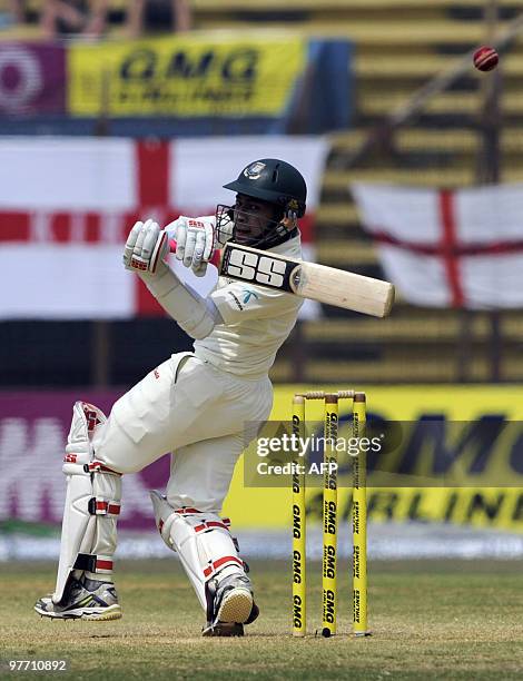 Bangladeshi cricketer Mushfiqur Rahim plays a shot during the third day of the first Test match between Bangladesh and England at the Zohur Ahmed...