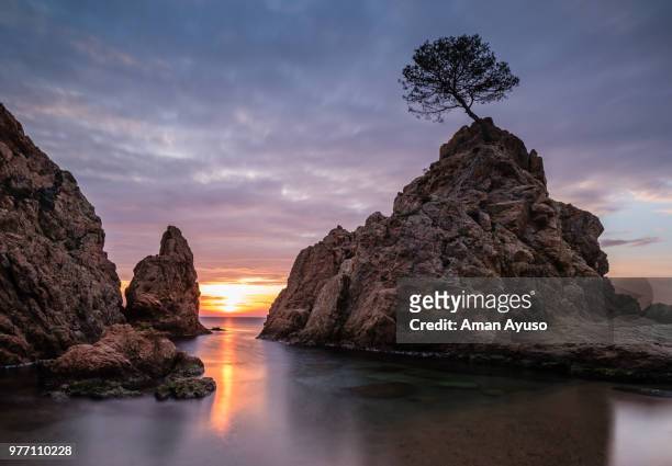 rocks of mar menuda beach at sunset, tossa de mar, costa brava, province of girona, catalonia, spain - ayuso stockfoto's en -beelden