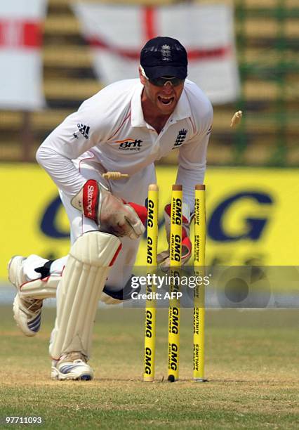 England cricketer Matt Prior stumps unseen Bangladeshi cricketer Naeem Islam during the third day of the first Test match between Bangladesh and...