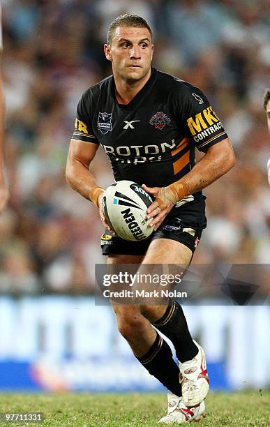 Robbie Farah of the Tigers in action during the round one NRL match between the Wests Tigers and the Manly Warringah Sea Eagles at the Sydney...