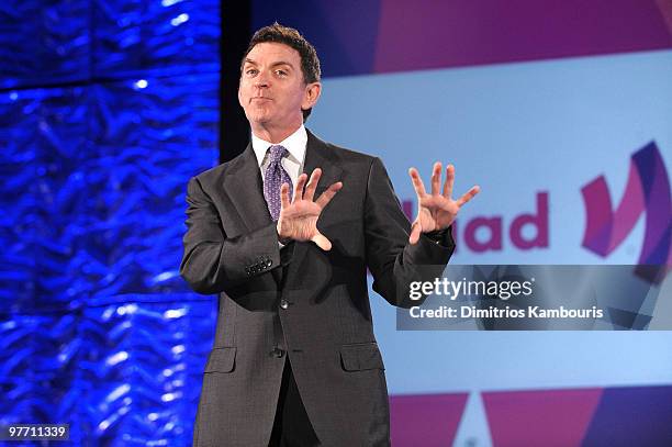 Producer Michael Patrick King speaks onstage at the 21st Annual GLAAD Media Awards at The New York Marriott Marquis on March 13, 2010 in New York,...