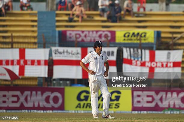 England captain Alastair Cook looks on thoughfully during day four of the 1st Test match between Bangladesh and England at Jahur Ahmed Chowdhury...