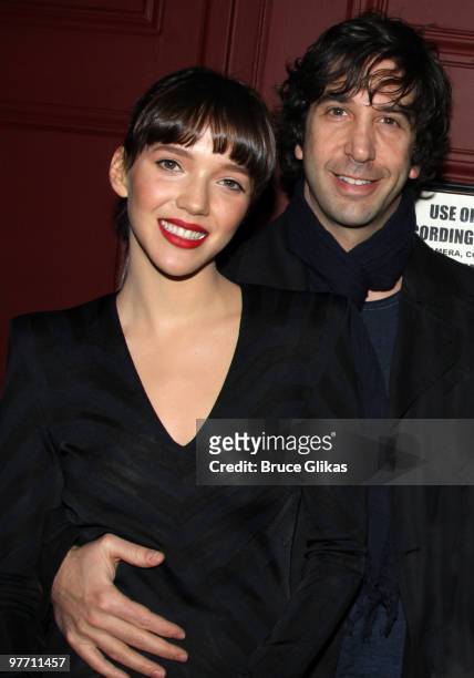 David Schwimmer and fiancee Zoe Buckman pose at the hit play "Next Fall" on Broadway at The Helen Hayes Theater on March 14, 2010 in New York City.