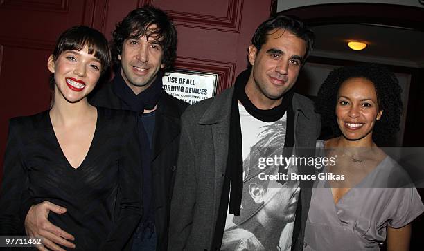 Zoe Buckman, David Schwimmer, Bobby Cannavale and Eisa Davis pose at the hit play "Next Fall" on Broadway at The Helen Hayes Theater on March 14,...