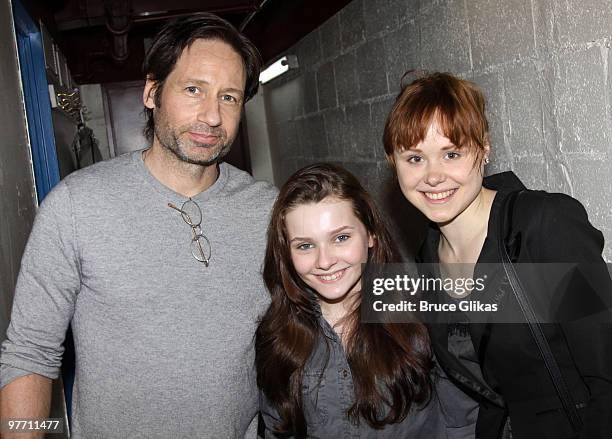 David Duchovny, Abigail Breslin and Alison Pill pose backstage at "The Miracle Worker" on Broadway at The Circle in The Square Theater on March 14,...