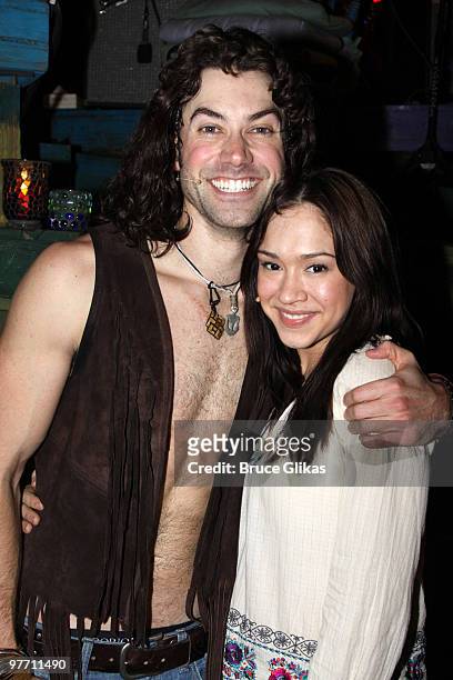Ace Young as "Berger" and Diana DeGarmo as "Sheila" pose backstage at the hit musical "Hair" on Broadway at The Al Hirshfeld Theater on March 14,...