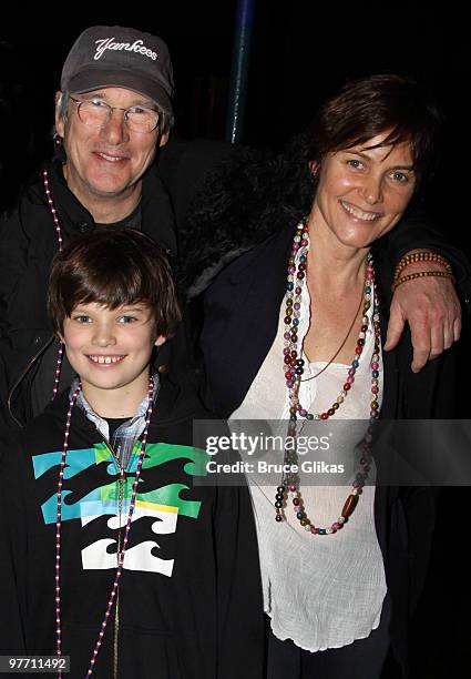 Richard Gere, Cary Lowell and son Homer Gere pose backstage at the hit musical "Hair" on Broadway at The Al Hirshfeld Theater on March 14, 2010 in...