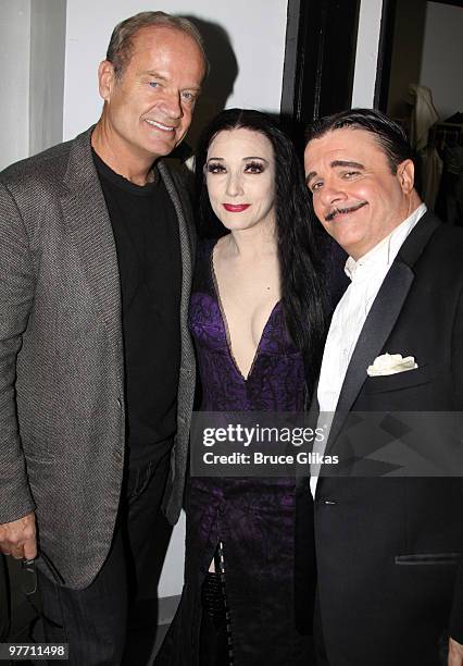 Kelsey Grammer and Bebe Neuwirth as "Morticia Addams" and Nathan Lane as "Gomez Addams" pose backstage at the hit new musical "The Addams Family" on...