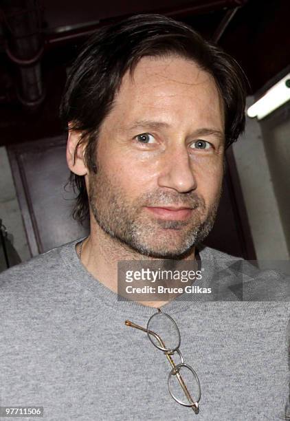 David Duchovny poses backstage at "The Miracle Worker" on Broadway at The Circle in The Square Theater on March 14, 2010 in New York City.