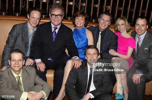 Elton John and David Furnish poses with the cast of his new hit play "Next Fall" on Broadway at The Helen Hayes Theater on March 14, 2010 in New York...