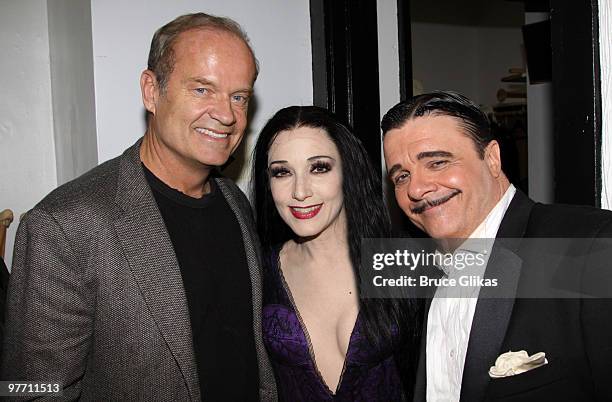 Kelsey Grammer and Bebe Neuwirth as "Morticia Addams" and Nathan Lane as "Gomez Addams" pose backstage at the hit new musical "The Addams Family" on...