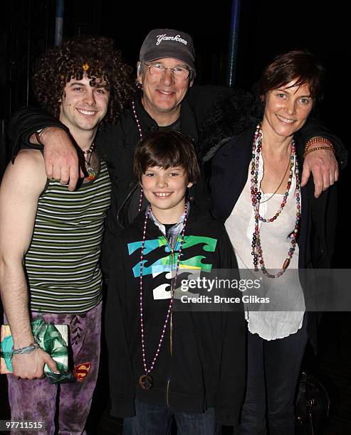 Cast Member Larkin Bogan , Richard Gere, Cary Lowell and son Homer Gere pose backstage at the hit musical "Hair" on Broadway at The Al Hirshfeld...