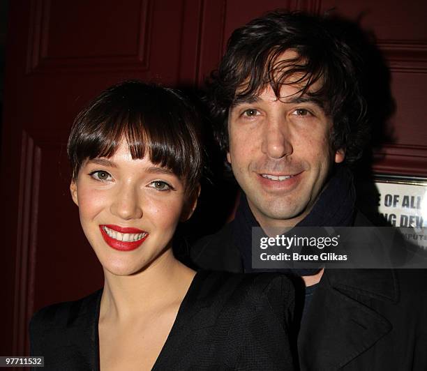 David Schwimmer and fiancee Zoe Buckman pose at the hit play "Next Fall" on Broadway at The Helen Hayes Theater on March 14, 2010 in New York City.