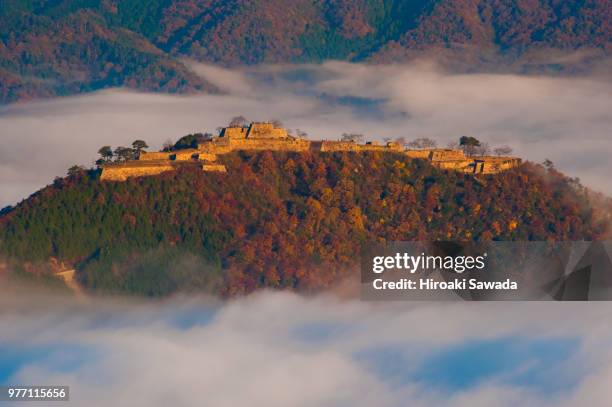 takeda castle on hill in clouds, hyogo, japan - asago stock-fotos und bilder