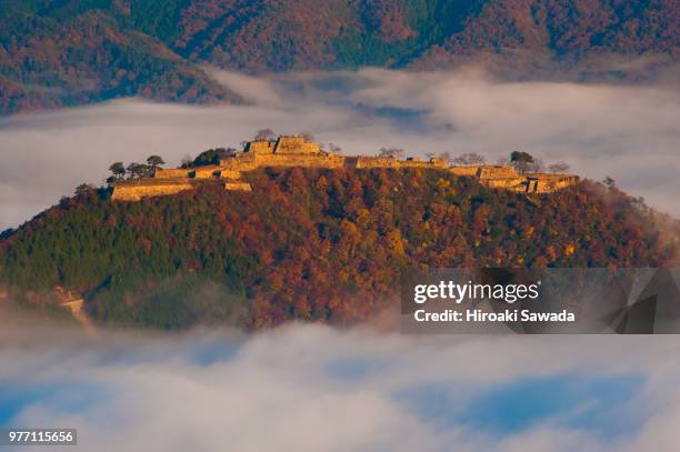 takeda castle on hill in clouds, hyogo, japan - hyogo prefecture stock pictures, royalty-free photos & images