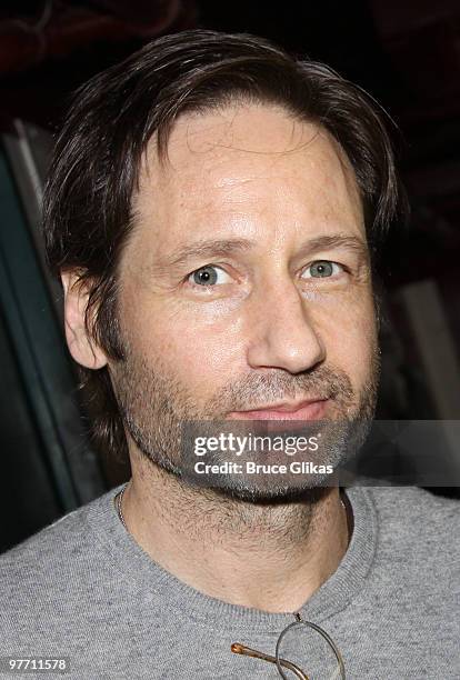 David Duchovny poses backstage at "The Miracle Worker" on Broadway at The Circle in The Square Theater on March 14, 2010 in New York City.