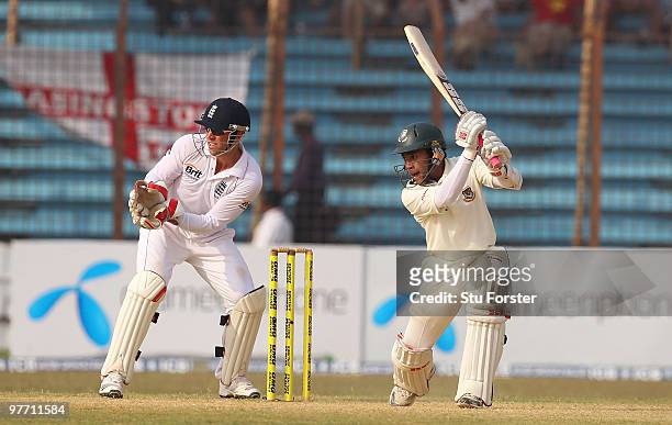 England wicketkeeper Matt Prior looks on as Bangladesh batsman Mushfiqur Rahim hits out during day three of the 1st Test match between Bangladesh and...