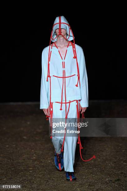 Model walks the runway at the Craig Green show during the 94th Pitti Immagine Uomo on June 14, 2018 in Florence, Italy.