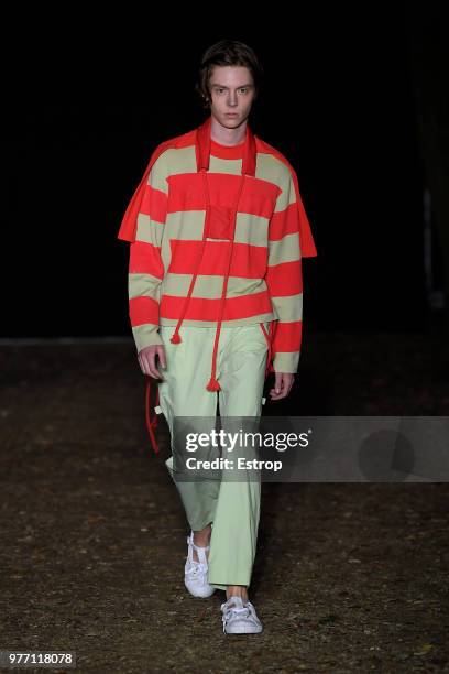 Model walks the runway at the Craig Green show during the 94th Pitti Immagine Uomo on June 14, 2018 in Florence, Italy.