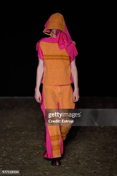 Model walks the runway at the Craig Green show during the 94th Pitti Immagine Uomo on June 14, 2018 in Florence, Italy.