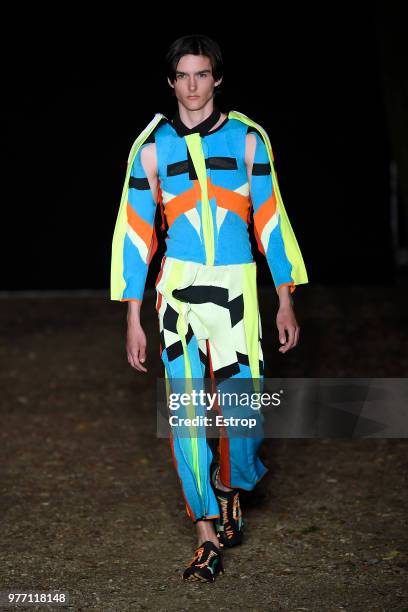 Model walks the runway at the Craig Green show during the 94th Pitti Immagine Uomo on June 14, 2018 in Florence, Italy.