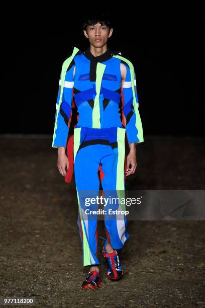 Model walks the runway at the Craig Green show during the 94th Pitti Immagine Uomo on June 14, 2018 in Florence, Italy.