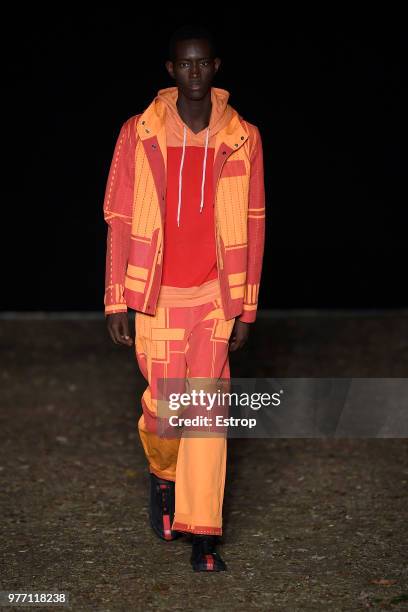 Model walks the runway at the Craig Green show during the 94th Pitti Immagine Uomo on June 14, 2018 in Florence, Italy.