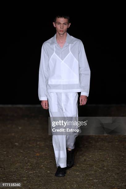 Model walks the runway at the Craig Green show during the 94th Pitti Immagine Uomo on June 14, 2018 in Florence, Italy.