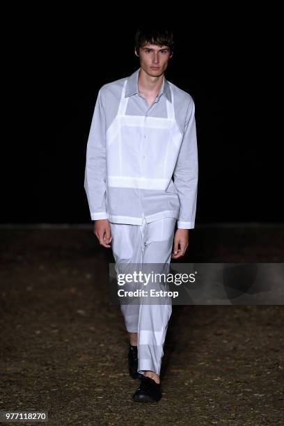 Model walks the runway at the Craig Green show during the 94th Pitti Immagine Uomo on June 14, 2018 in Florence, Italy.