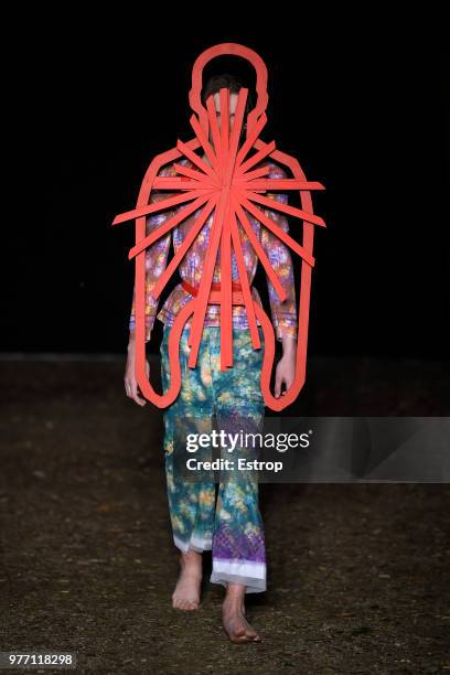 Model walks the runway at the Craig Green show during the 94th Pitti Immagine Uomo on June 14, 2018 in Florence, Italy.