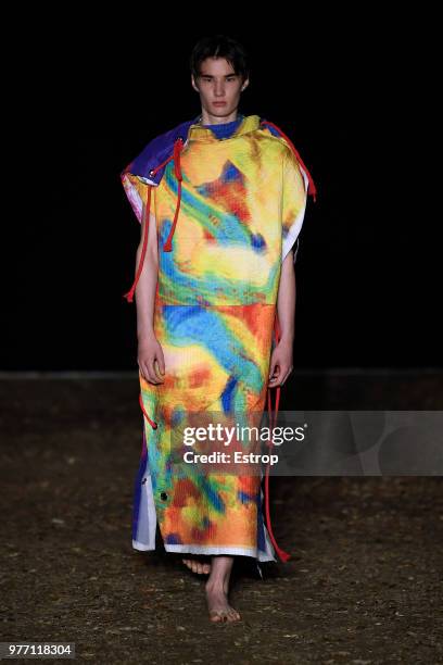 Model walks the runway at the Craig Green show during the 94th Pitti Immagine Uomo on June 14, 2018 in Florence, Italy.