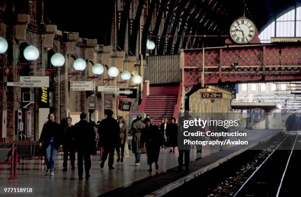 General platform scene at Kings Cross Station in London, circa 1993.