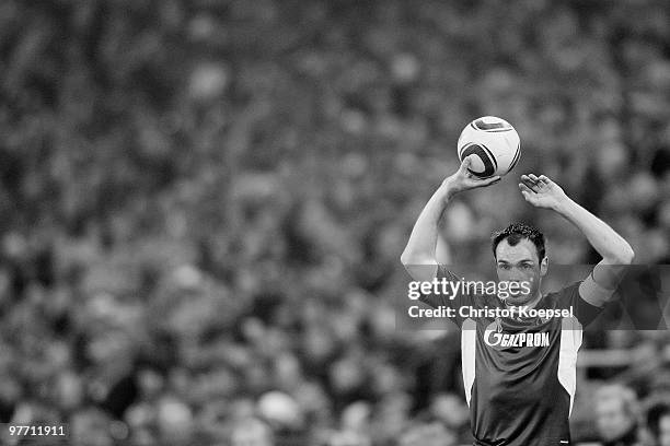 Heiko Westermann of Schalke is pictured during the Bundesliga match between FC Schalke 04 and VfB Stuttgart at the Veltins Arena on March 12, 2010 in...