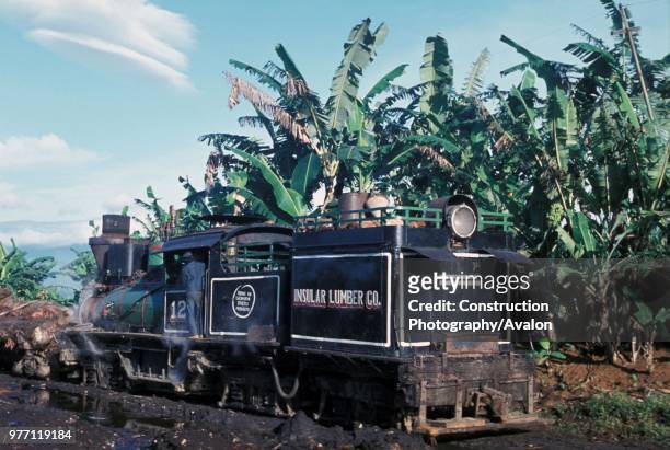 Lima 3 Truck Shay No 12 of the Insular Lumber Company assembles a rake of logs at the Masluud exchange sidings in October 1974 on the Philippine...