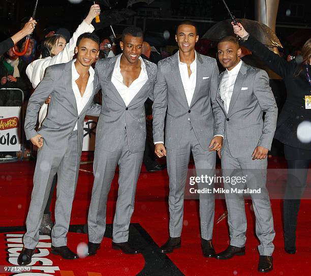 Aston Merrygold, Marvin Humes, Jonathan Gill and Oritse Williams of JLS attend The Brit Awards at Earls Court on February 16, 2010 in London, England.