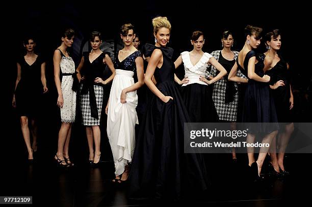 Jennifer Hawkins showcases designs by Matthew Eager on the catwalk at the Myer Autumn Winter 2010 Collection Launch at Sidney Myer Music Bowl on...