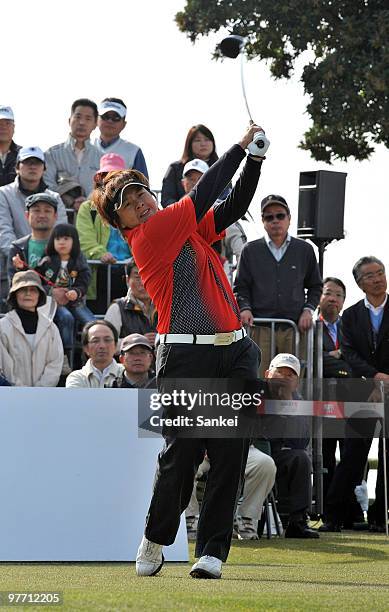 Wei Yun-Jye hits a tee shot during the final round of the Yokohama Tire Golf Tournament PRGR Ladies Cup at Tosa Country Club on March 14, 2010 in...