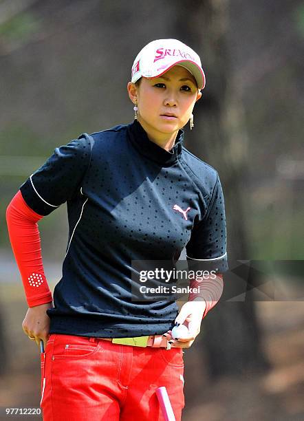 Miho Koga of Japan is seen during the final round of the Yokohama Tire Golf Tournament PRGR Ladies Cup at Tosa Country Club on March 14, 2010 in...