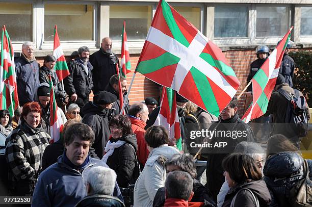 Members of the Joan Anza Committee, a member of the armed Basque separatist group ETA who disappeared nearly a year ago, gather in front of the...