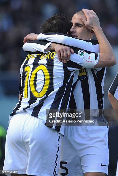 Alessandro Del Piero of Juventus FC celebrates his first goal with Fabio Cannavaro during the Serie A match between Juventus FC and AC Siena at...