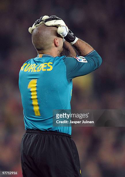 Victor Valdes of FC Barcelona reacts during the La Liga match between Barcelona and Valencia at the Camp Nou Stadium on March 14, 2010 in Barcelona,...