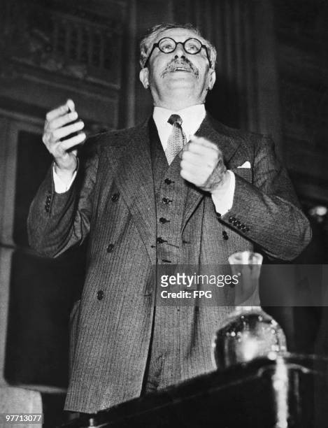 French socialist leader and three times Prime Minister of France, Leon Blum giving a speech, circa 1935.
