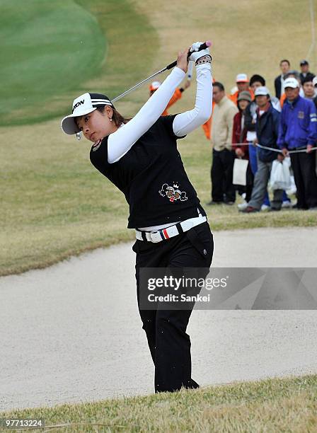Rikako Morita hits out from a bunker at the 18th hole during the round two of the Yokohama Tire Golf Tournament PRGR Ladies Cup at Tosa Country Club...