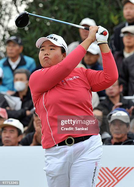 Ahn Sun-Ju of South Korea hits a tee shot during the round two of the Yokohama Tire Golf Tournament PRGR Ladies Cup at Tosa Country Club on March 13,...