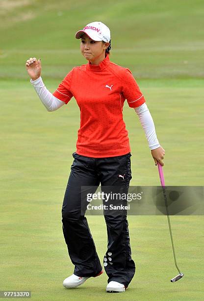 Miho Koga reacts after holing the birdie putt on the 9th green during the round two of the Yokohama Tire Golf Tournament PRGR Ladies Cup at Tosa...