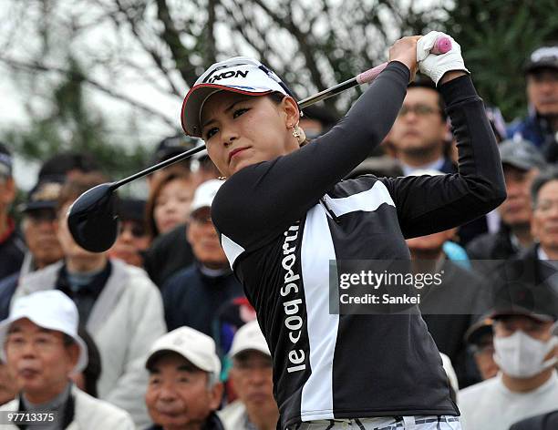 Sakura Yokomine hits a tee shot during the round two of the Yokohama Tire Golf Tournament PRGR Ladies Cup at Tosa Country Club on March 13, 2010 in...