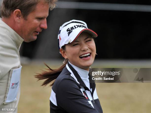 Sakura Yokomine smiles during the round two of the Yokohama Tire Golf Tournament PRGR Ladies Cup at Tosa Country Club on March 13, 2010 in Konan,...